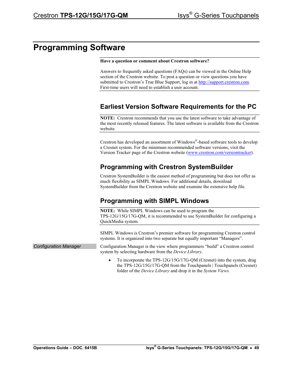 Programming software, Earliest version software requirements for the pc, Programming with crestron systembuilder | Programming with simpl windows, G-series touchpanels | Crestron electronic Isys G-Series TPS-15G-QM User Manual | Page 53 / 70