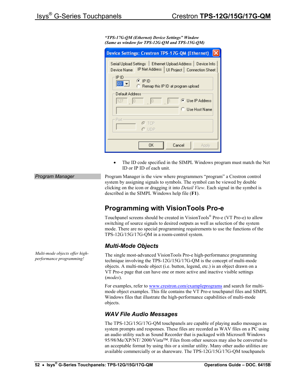 Programming with visiontools pro-e, Isys | Crestron electronic Isys G-Series TPS-15G-QM User Manual | Page 56 / 70