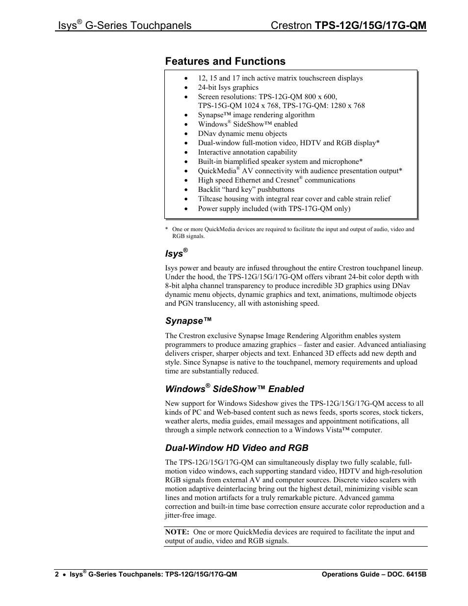 Features and functions, Isys | Crestron electronic Isys G-Series TPS-15G-QM User Manual | Page 6 / 70