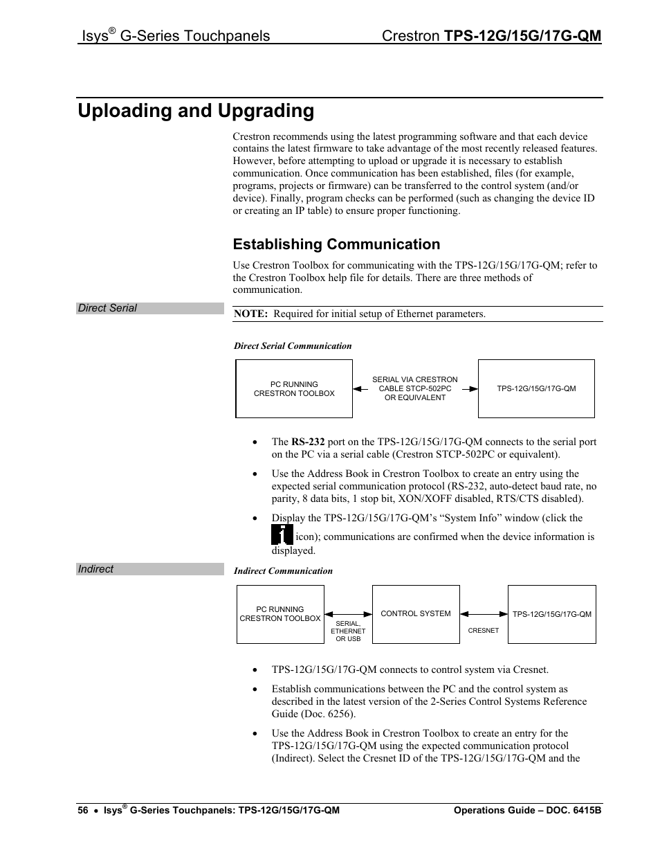 Uploading and upgrading, Establishing communication, Establishing communication” whi | Isys | Crestron electronic Isys G-Series TPS-15G-QM User Manual | Page 60 / 70