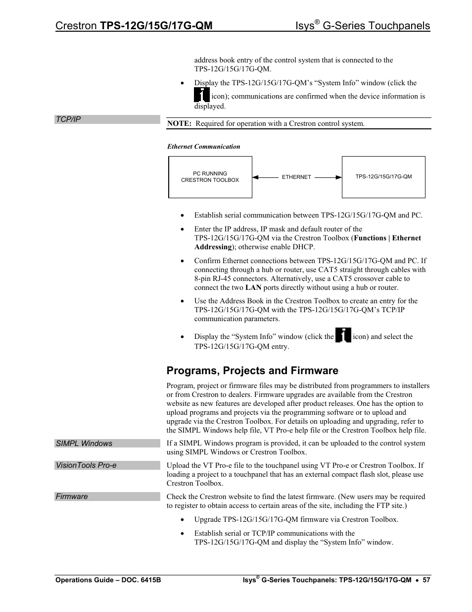 Programs, projects and firmware, G-series touchpanels | Crestron electronic Isys G-Series TPS-15G-QM User Manual | Page 61 / 70