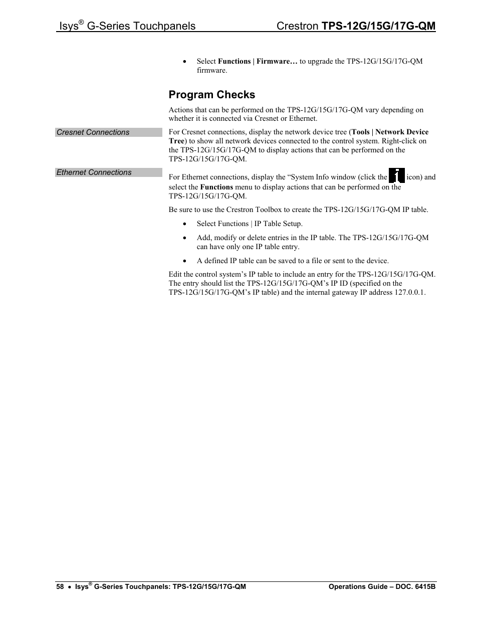 Program checks, Isys | Crestron electronic Isys G-Series TPS-15G-QM User Manual | Page 62 / 70