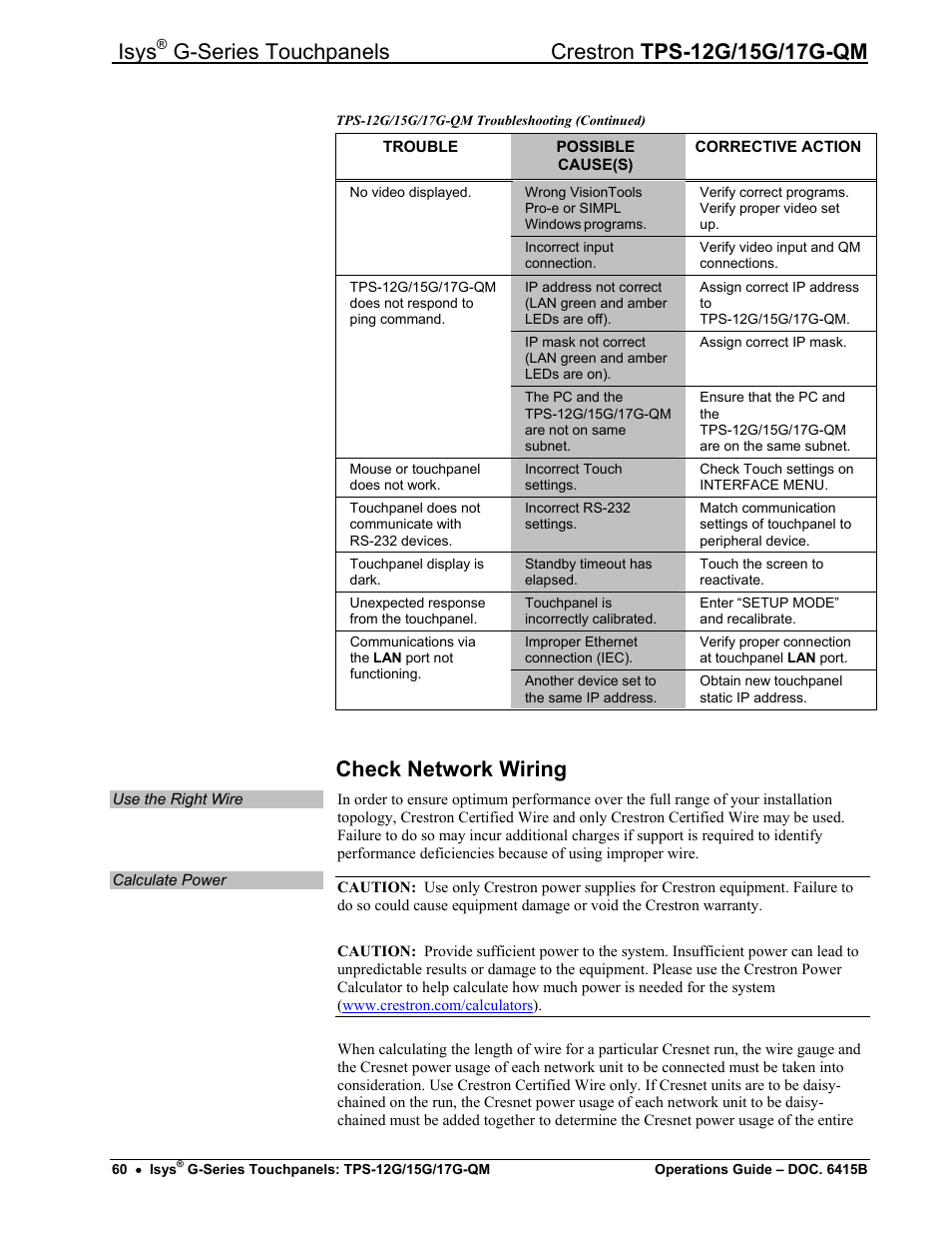 Check network wiring, Isys | Crestron electronic Isys G-Series TPS-15G-QM User Manual | Page 64 / 70