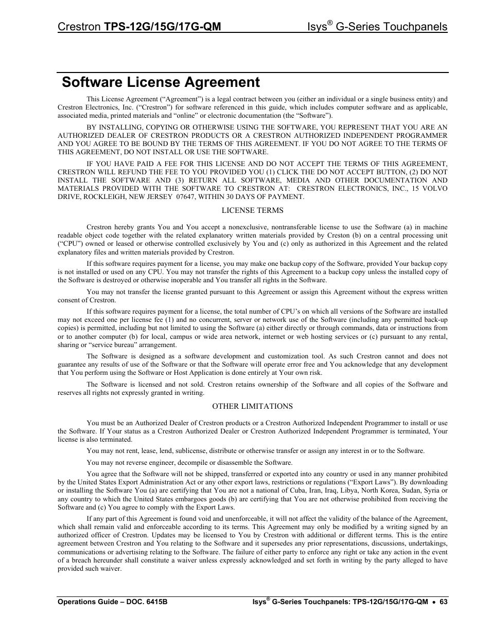 Software license agreement, G-series touchpanels | Crestron electronic Isys G-Series TPS-15G-QM User Manual | Page 67 / 70