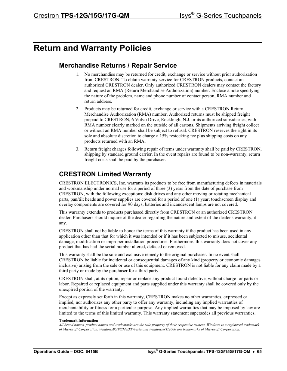 Return and warranty policies, Merchandise returns / repair service, Crestron limited warranty | G-series touchpanels | Crestron electronic Isys G-Series TPS-15G-QM User Manual | Page 69 / 70