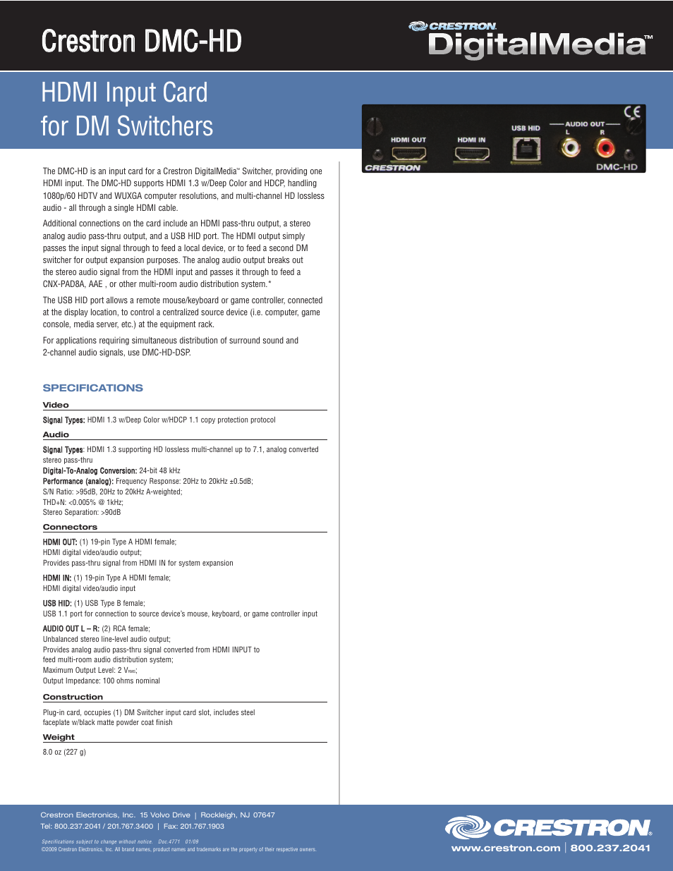 Crestron electronic HDMI Input Card DMC-HD User Manual | 1 page