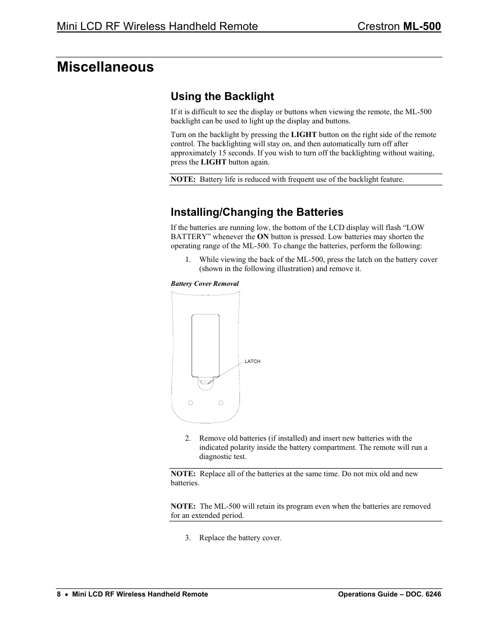 Miscellaneous, Using the backlight, Installing/changing the batteries | Crestron electronic ML-500 User Manual | Page 12 / 16