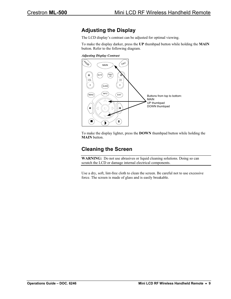 Adjusting the display, Cleaning the screen | Crestron electronic ML-500 User Manual | Page 13 / 16
