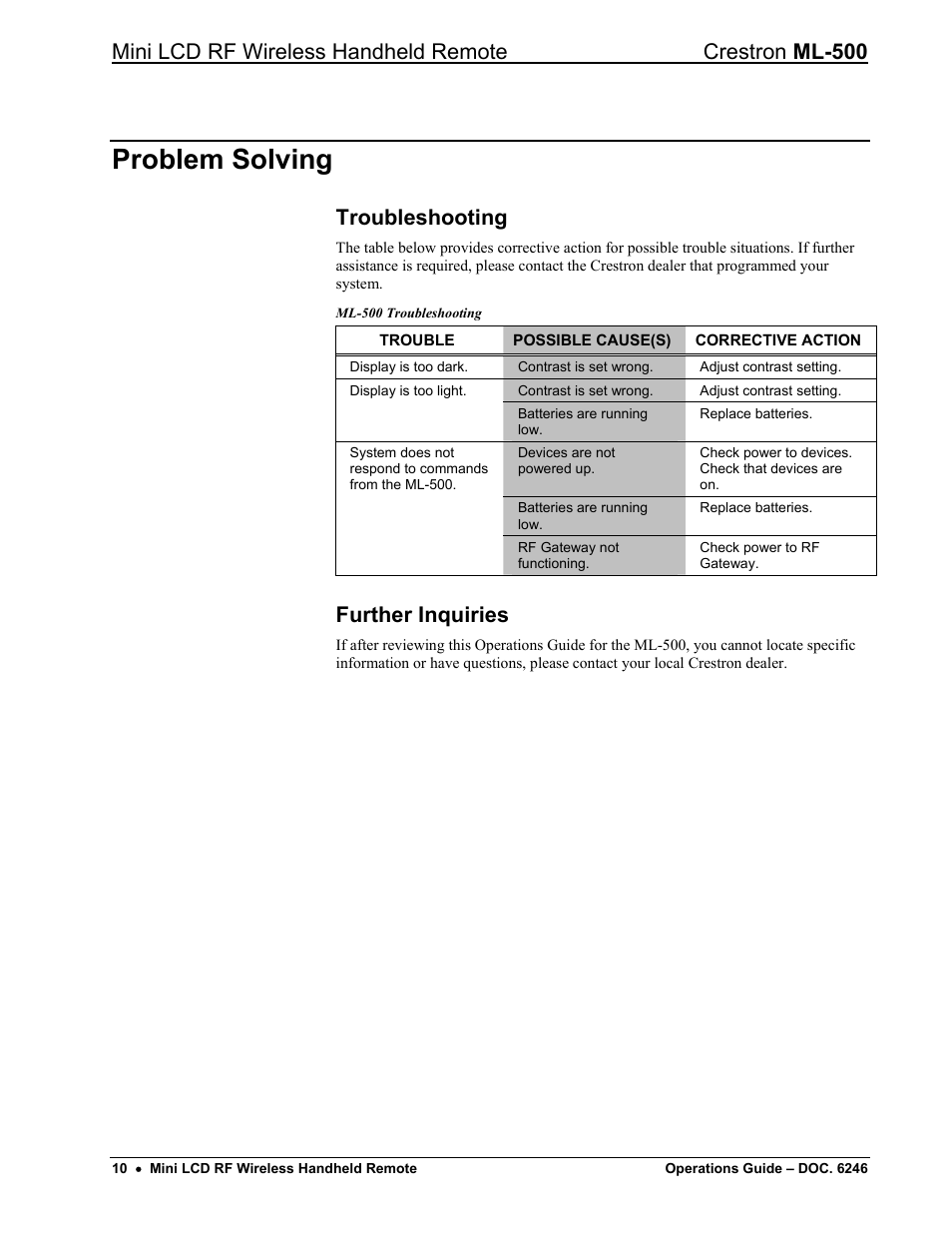 Problem solving, Troubleshooting, Further inquiries | Crestron electronic ML-500 User Manual | Page 14 / 16