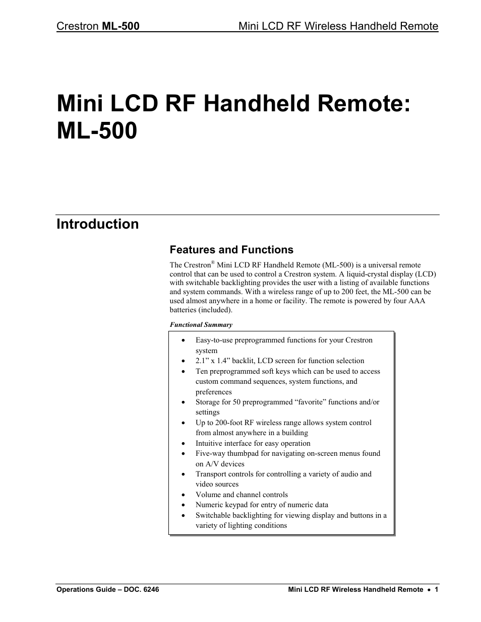 Mini lcd rf handheld remote: ml-500, Introduction, Features and functions | Crestron electronic ML-500 User Manual | Page 5 / 16