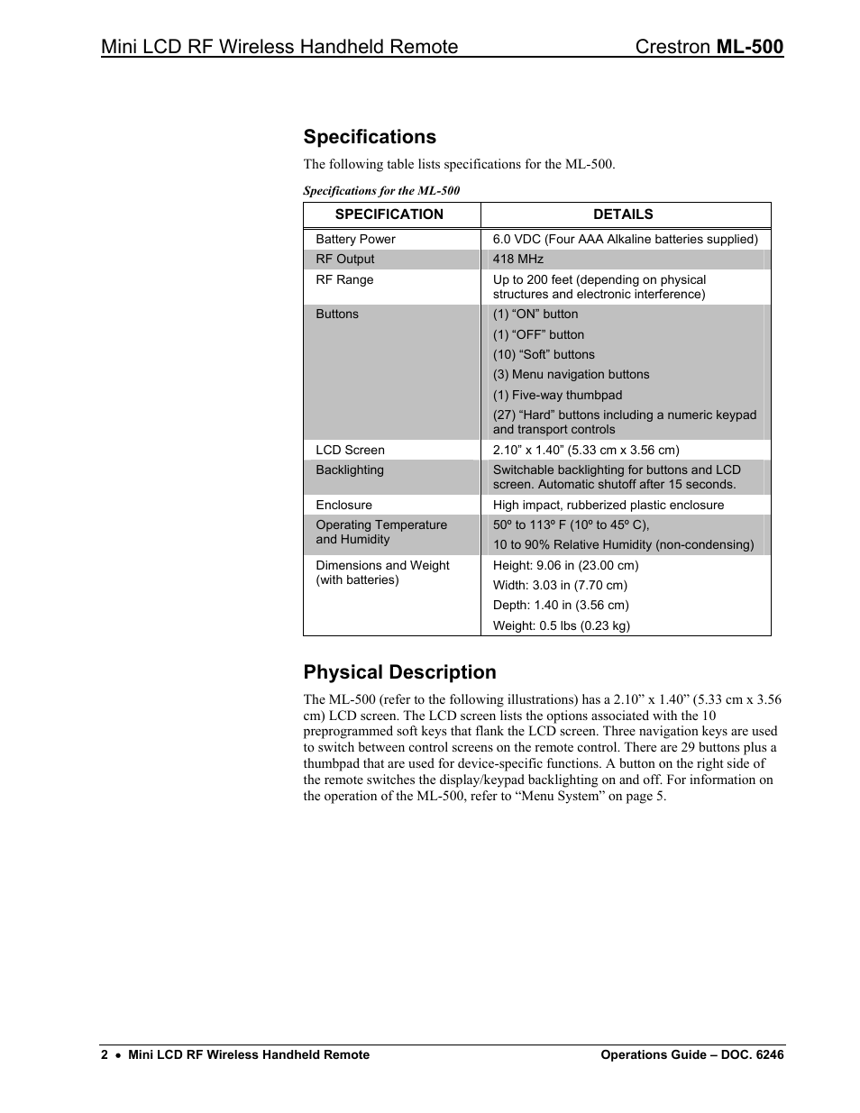 Specifications, Physical description | Crestron electronic ML-500 User Manual | Page 6 / 16