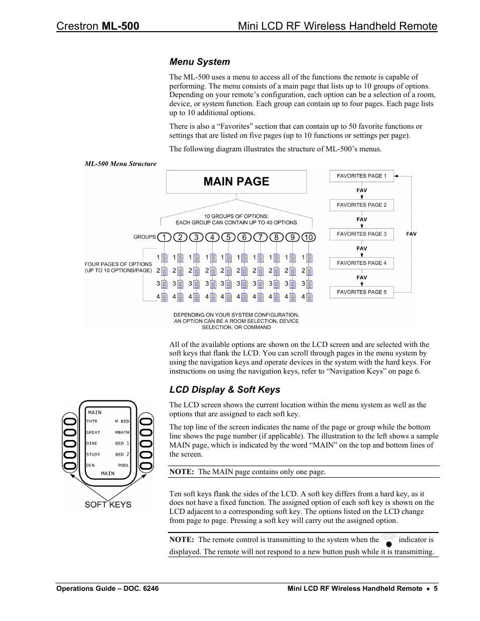 Menu system, Lcd display & soft keys | Crestron electronic ML-500 User Manual | Page 9 / 16