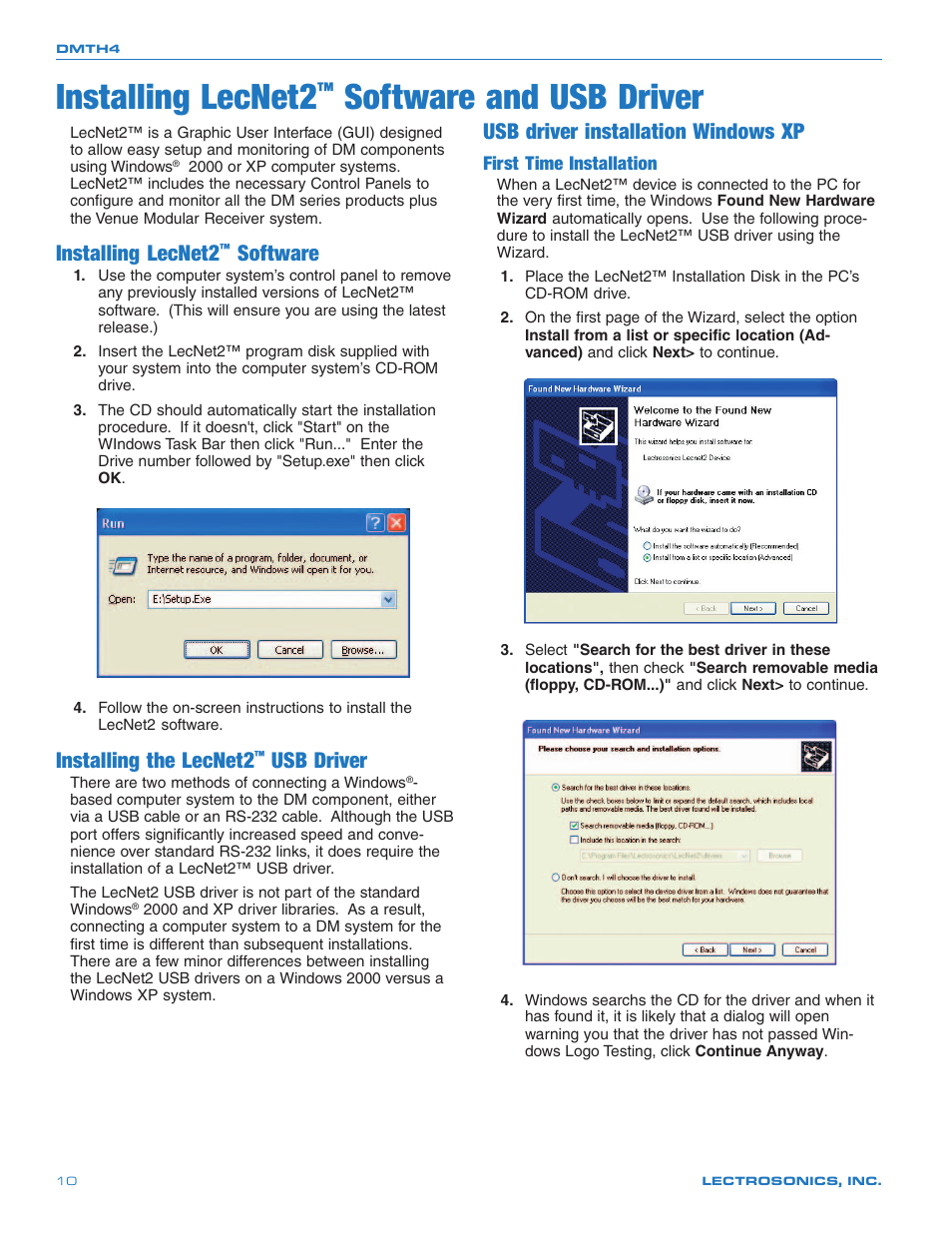 Installing lecnet2, Software and usb driver, Software | Installing the lecnet2, Usb driver, Usb driver installation windows xp, First time installation | Crestron electronic DMTH4 User Manual | Page 10 / 24