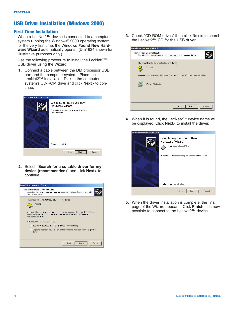 Usb driver installation (windows 2000), First time installation | Crestron electronic DMTH4 User Manual | Page 12 / 24
