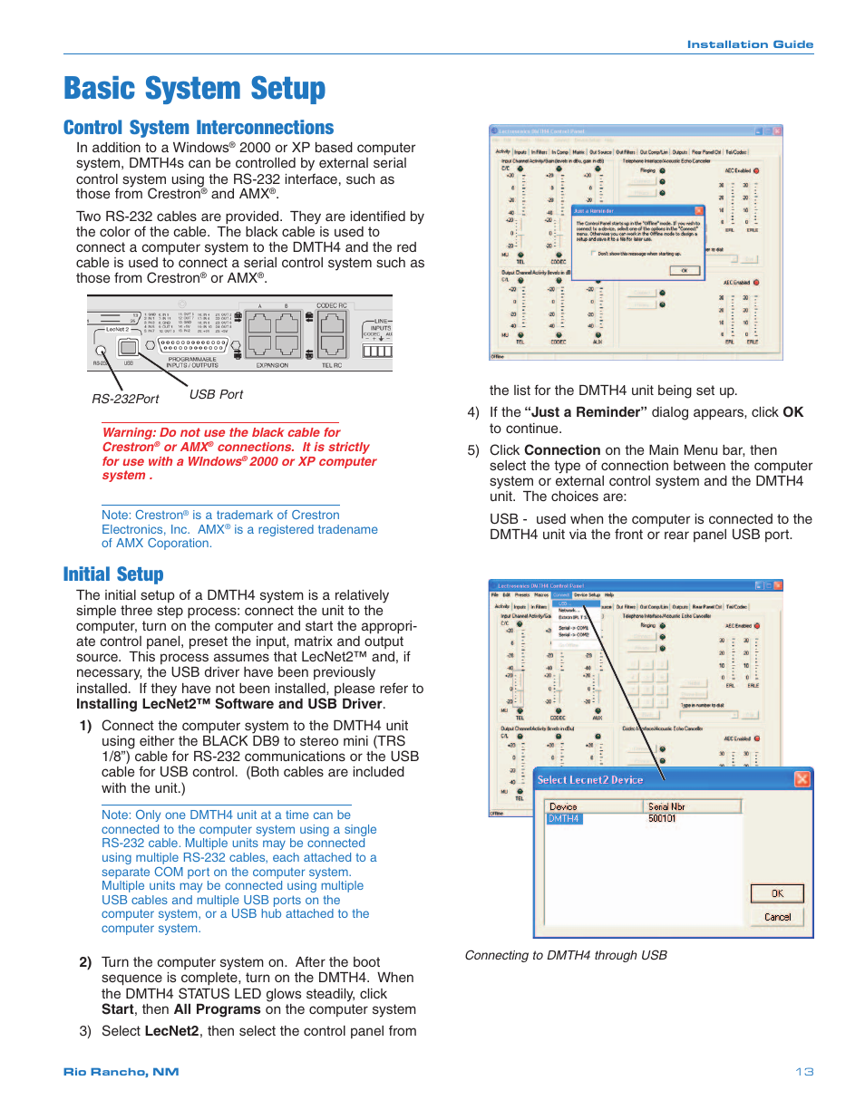 Basic system setup, Control system interconnections, Initial setup | Crestron electronic DMTH4 User Manual | Page 13 / 24