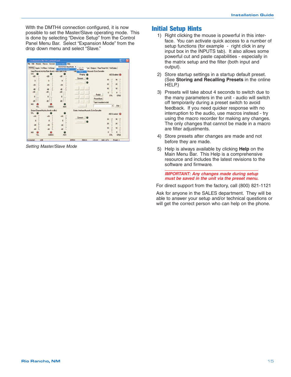 Initial setup hints | Crestron electronic DMTH4 User Manual | Page 15 / 24