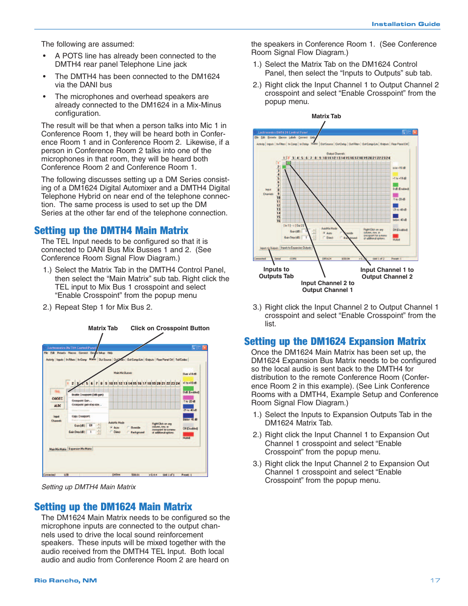Setting up the dmth4 main matrix, Setting up the dm1624 main matrix, Setting up the dm1624 expansion matrix | Crestron electronic DMTH4 User Manual | Page 17 / 24