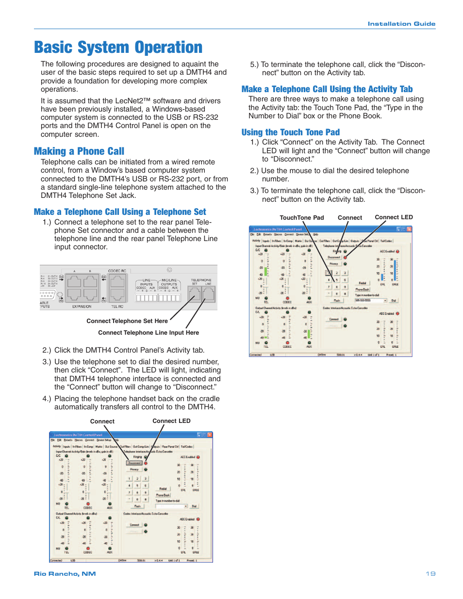 Basic system operation, Making a phone call, Make a telephone call using a telephone set | Make a telephone call using the activity tab, Using the touch tone pad | Crestron electronic DMTH4 User Manual | Page 19 / 24
