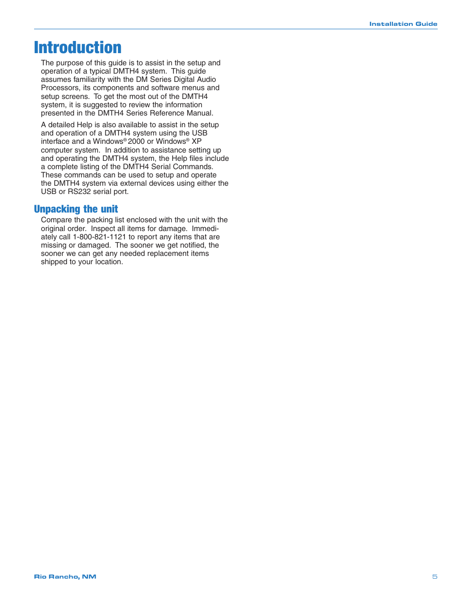 Introduction, Unpacking the unit | Crestron electronic DMTH4 User Manual | Page 5 / 24