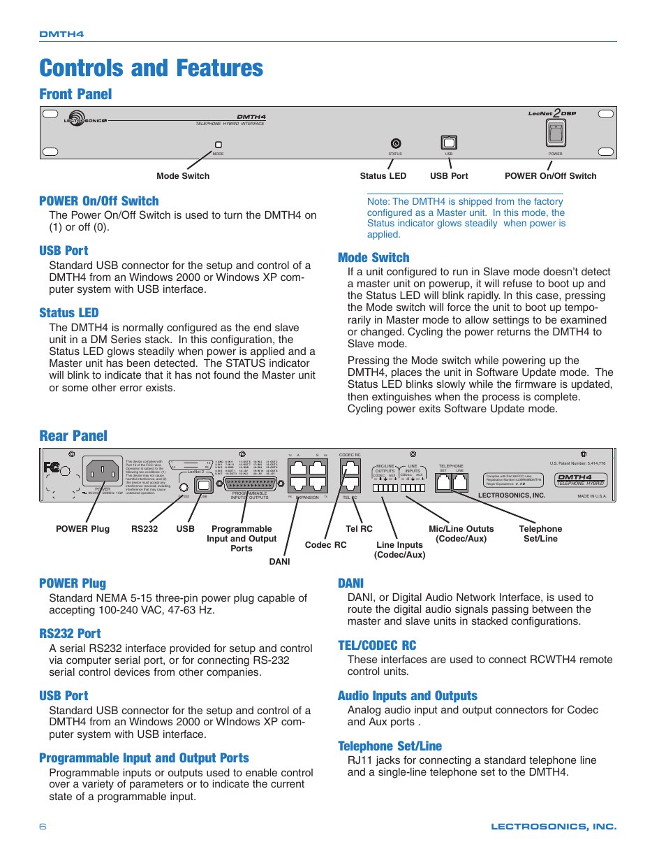 Controls and features, Front panel rear panel, Power on/off switch | Usb port, Status led, Mode switch, Power plug, Rs232 port, Programmable input and output ports, Dani | Crestron electronic DMTH4 User Manual | Page 6 / 24