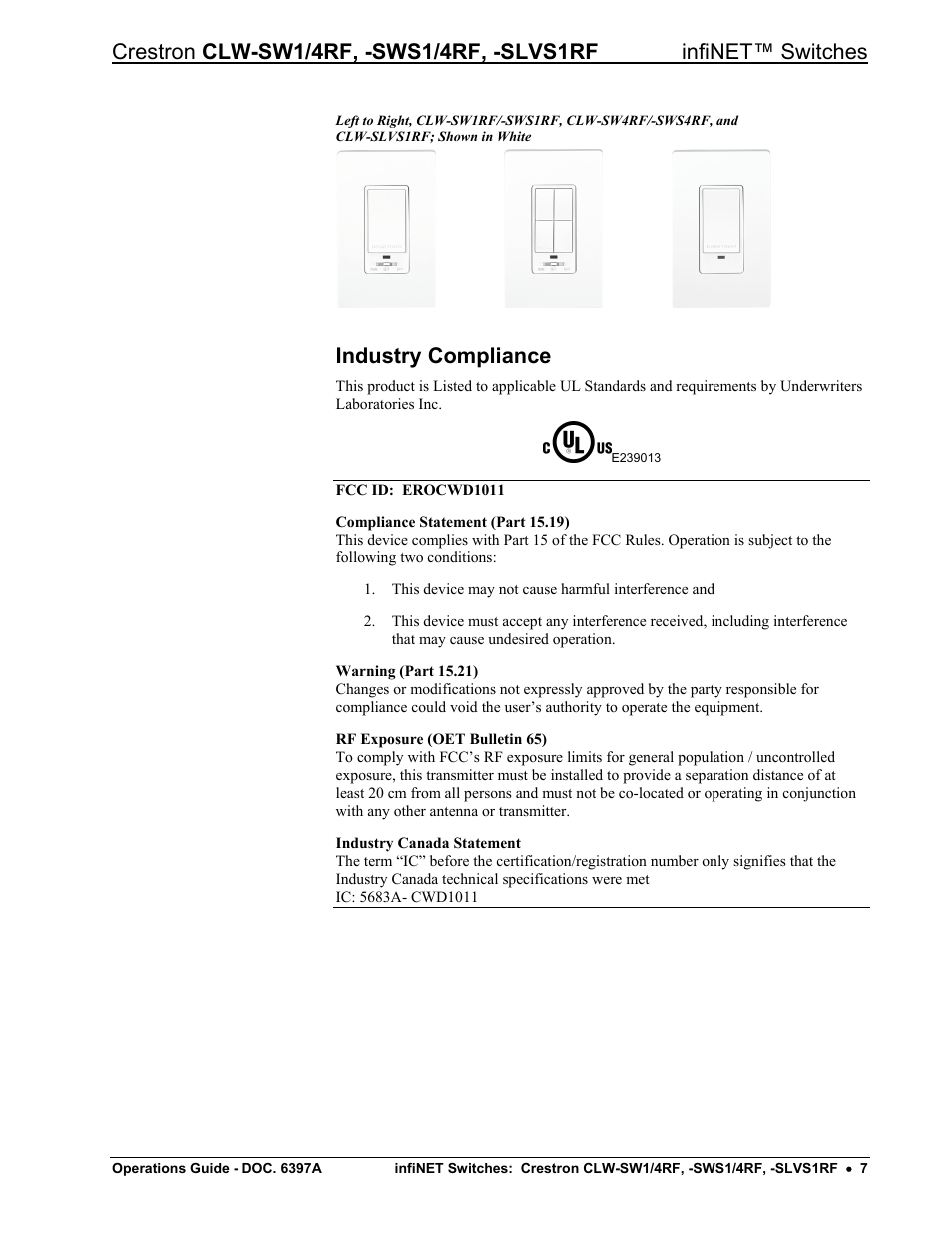 Industry compliance | Crestron electronic CLW-SW1/4RF User Manual | Page 11 / 36