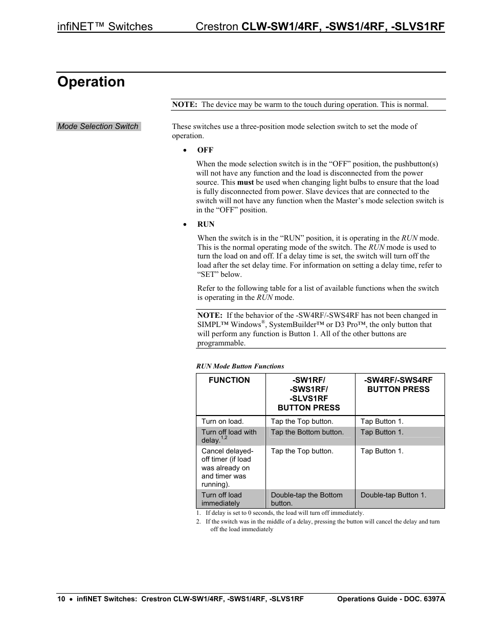 Operation | Crestron electronic CLW-SW1/4RF User Manual | Page 14 / 36