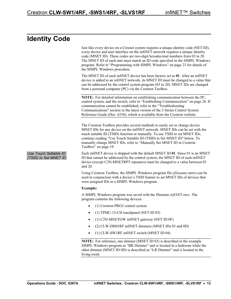 Identity code, Use touch settable id (tsid) to set mnet id” on, E 13) a | Crestron electronic CLW-SW1/4RF User Manual | Page 17 / 36