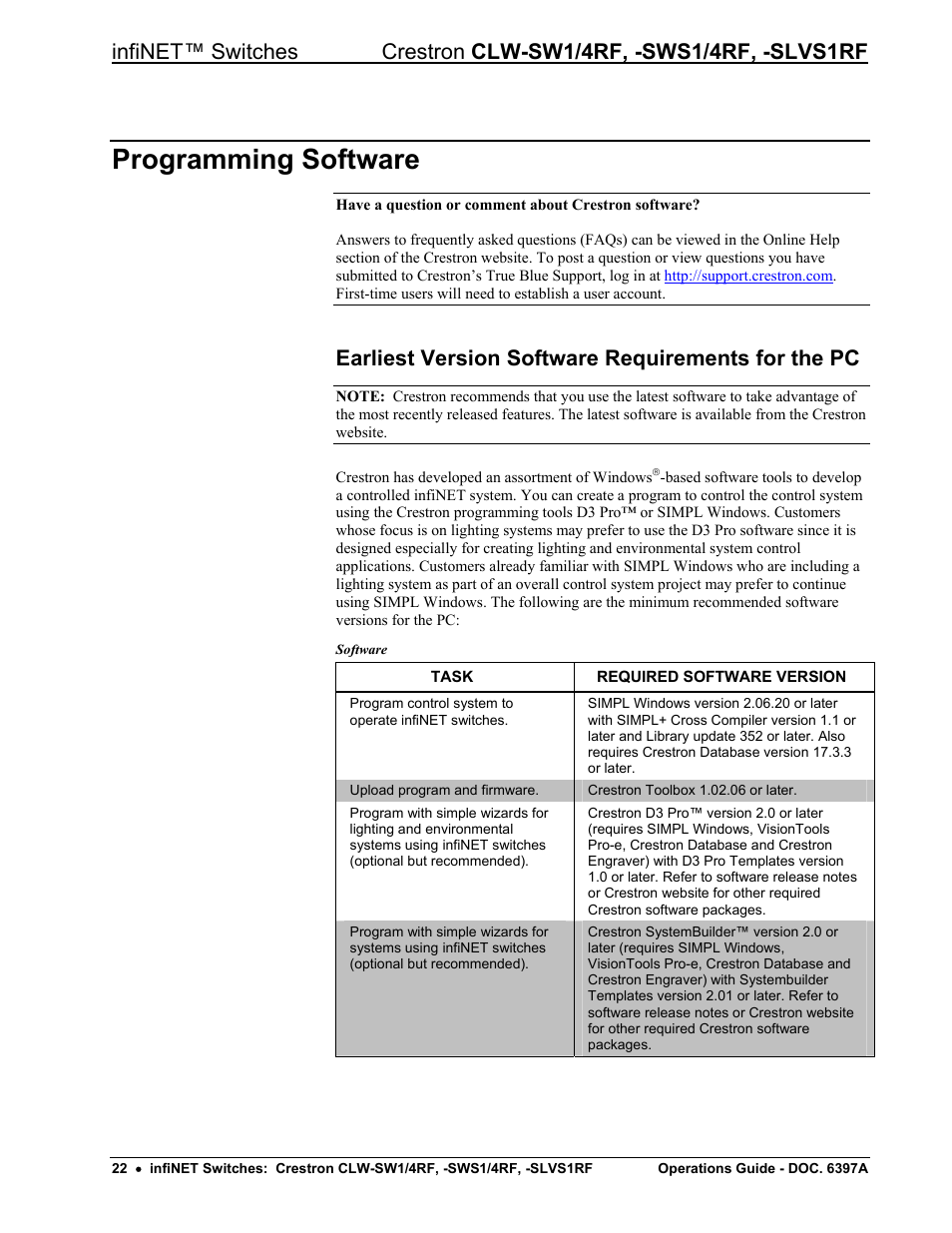 Programming software, Earliest version software requirements for the pc | Crestron electronic CLW-SW1/4RF User Manual | Page 26 / 36