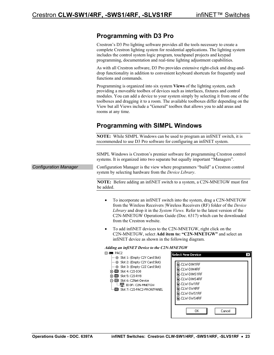 Programming with d3 pro, Programming with simpl windows, Programming with simpl windows” on | 23 fo | Crestron electronic CLW-SW1/4RF User Manual | Page 27 / 36