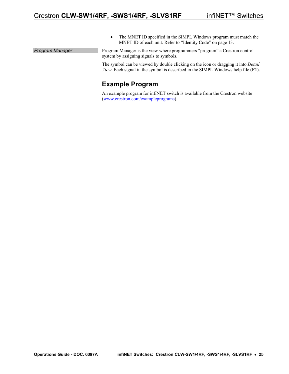 Example program | Crestron electronic CLW-SW1/4RF User Manual | Page 29 / 36