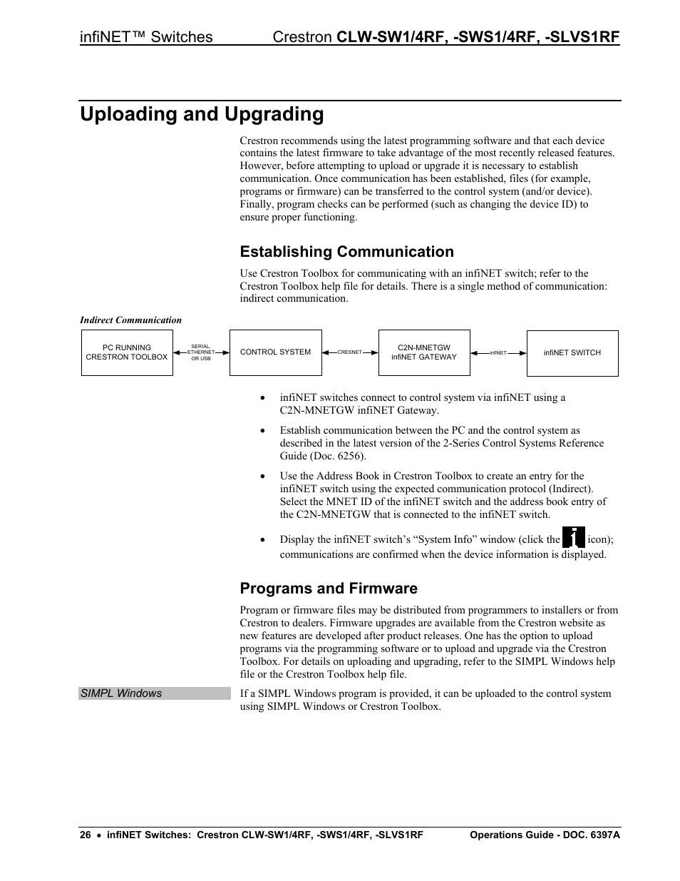 Uploading and upgrading, Establishing communication, Programs and firmware | Establishing communication” o, Ge 26) | Crestron electronic CLW-SW1/4RF User Manual | Page 30 / 36