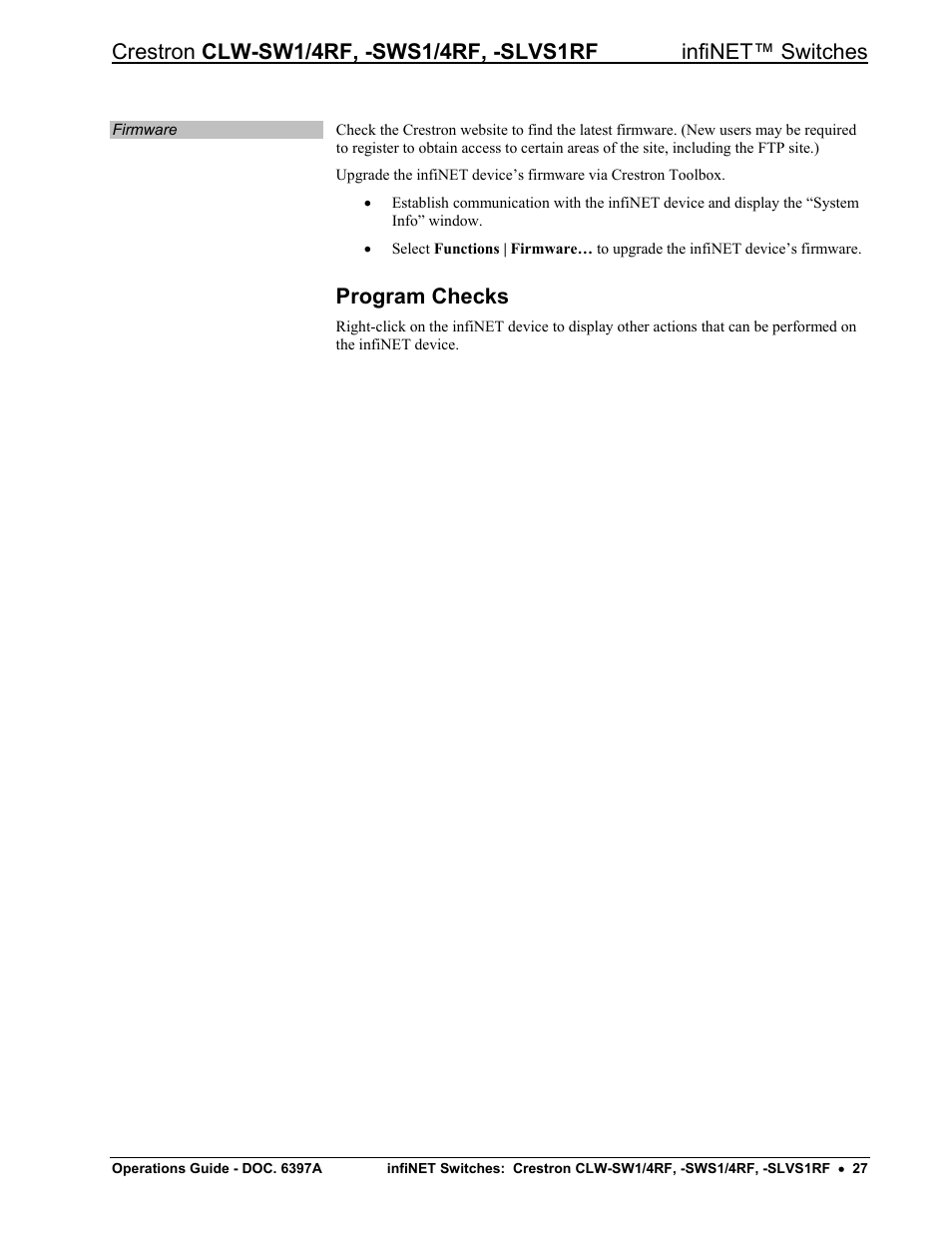 Program checks | Crestron electronic CLW-SW1/4RF User Manual | Page 31 / 36
