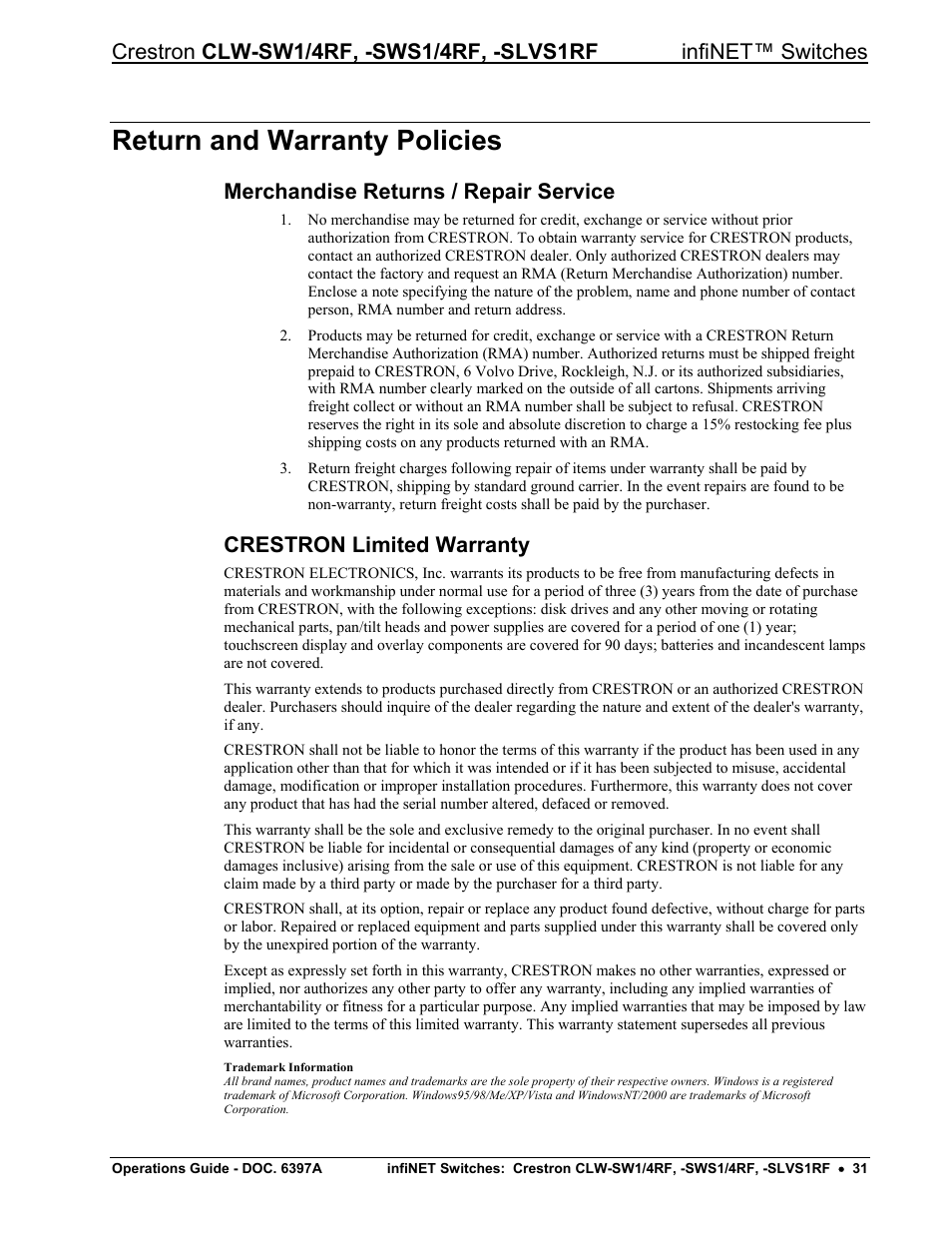 Return and warranty policies, Merchandise returns / repair service, Crestron limited warranty | Crestron electronic CLW-SW1/4RF User Manual | Page 35 / 36