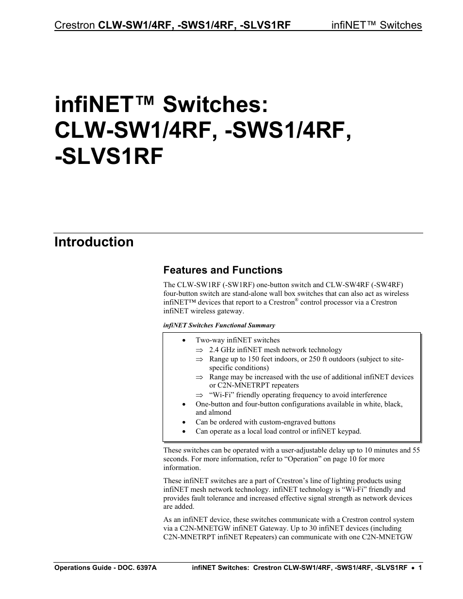 Infinet™ switches: clw-sw1/4rf, -sws1/4rf, -s, Introduction, Features and functions | Crestron electronic CLW-SW1/4RF User Manual | Page 5 / 36