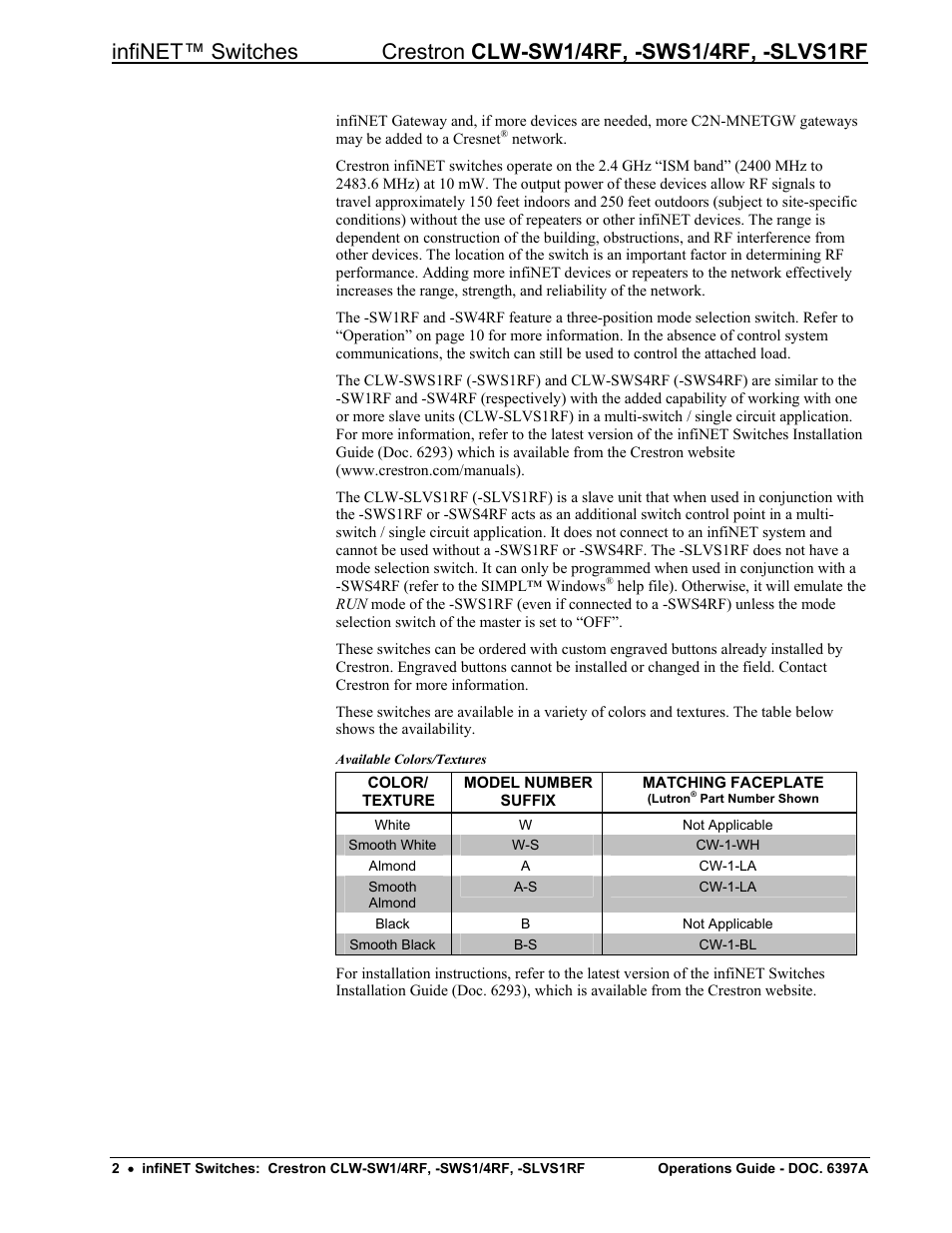 Crestron electronic CLW-SW1/4RF User Manual | Page 6 / 36