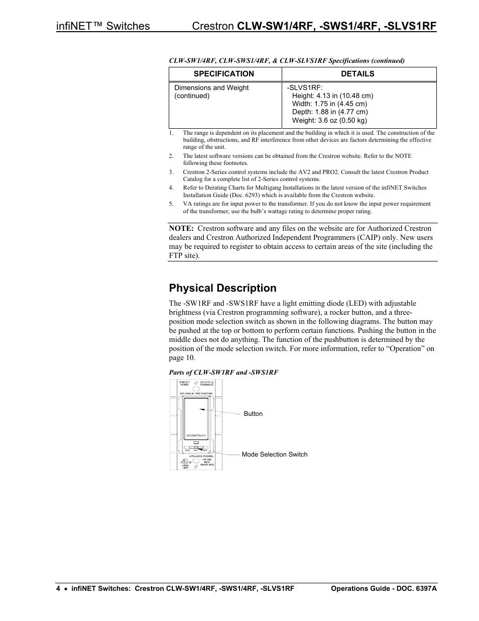 Physical description | Crestron electronic CLW-SW1/4RF User Manual | Page 8 / 36