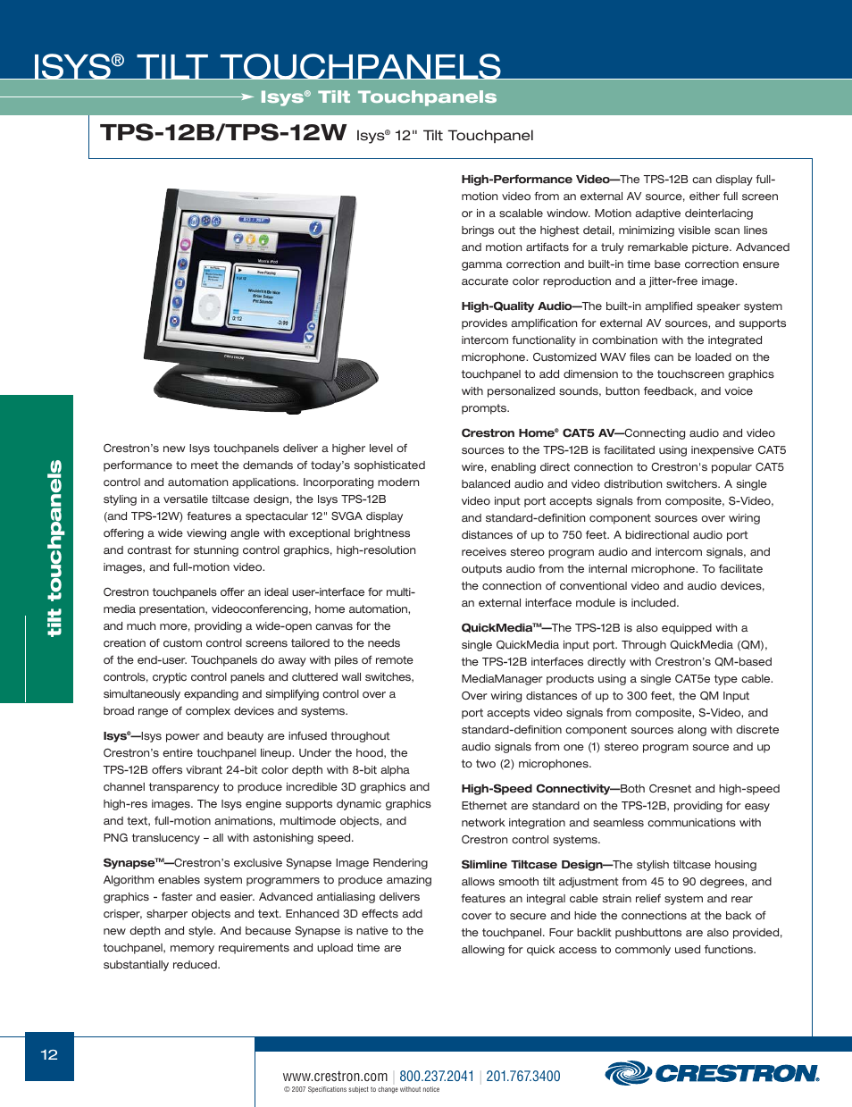 48399_012.pdf, Isys, Tilt touchpanels | Tps-12b/tps-12w | Crestron electronic Isys TPS-17W User Manual | Page 12 / 58