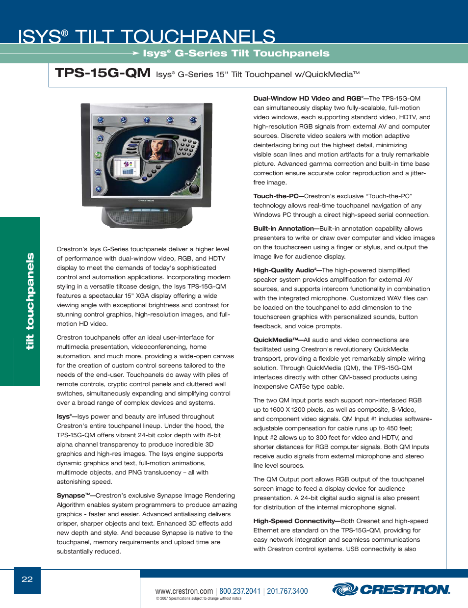 48399_022.pdf, Isys, Tilt touchpanels | Tps-15g-qm, G-series tilt touchpanels | Crestron electronic Isys TPS-17W User Manual | Page 22 / 58
