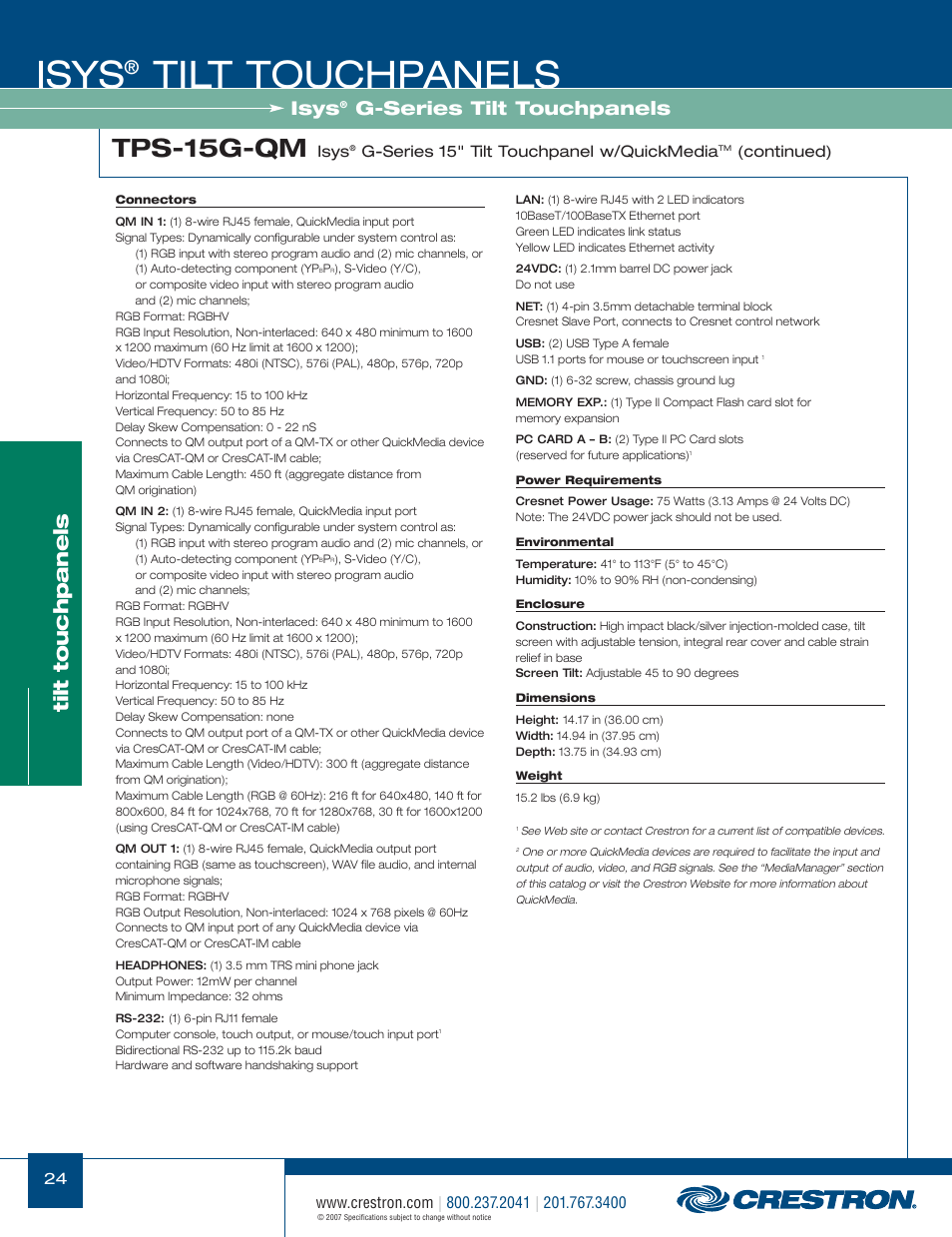 48399_024.pdf, Isys, Tilt touchpanels | Tps-15g-qm, G-series tilt touchpanels | Crestron electronic Isys TPS-17W User Manual | Page 24 / 58