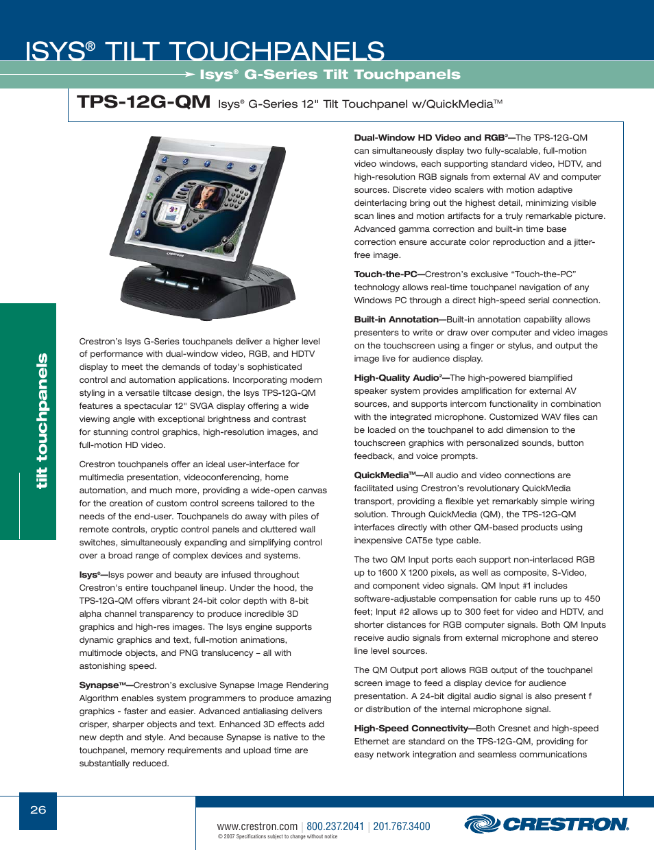 48399_026.pdf, Isys, Tilt touchpanels | Tps-12g-qm, G-series tilt touchpanels | Crestron electronic Isys TPS-17W User Manual | Page 26 / 58