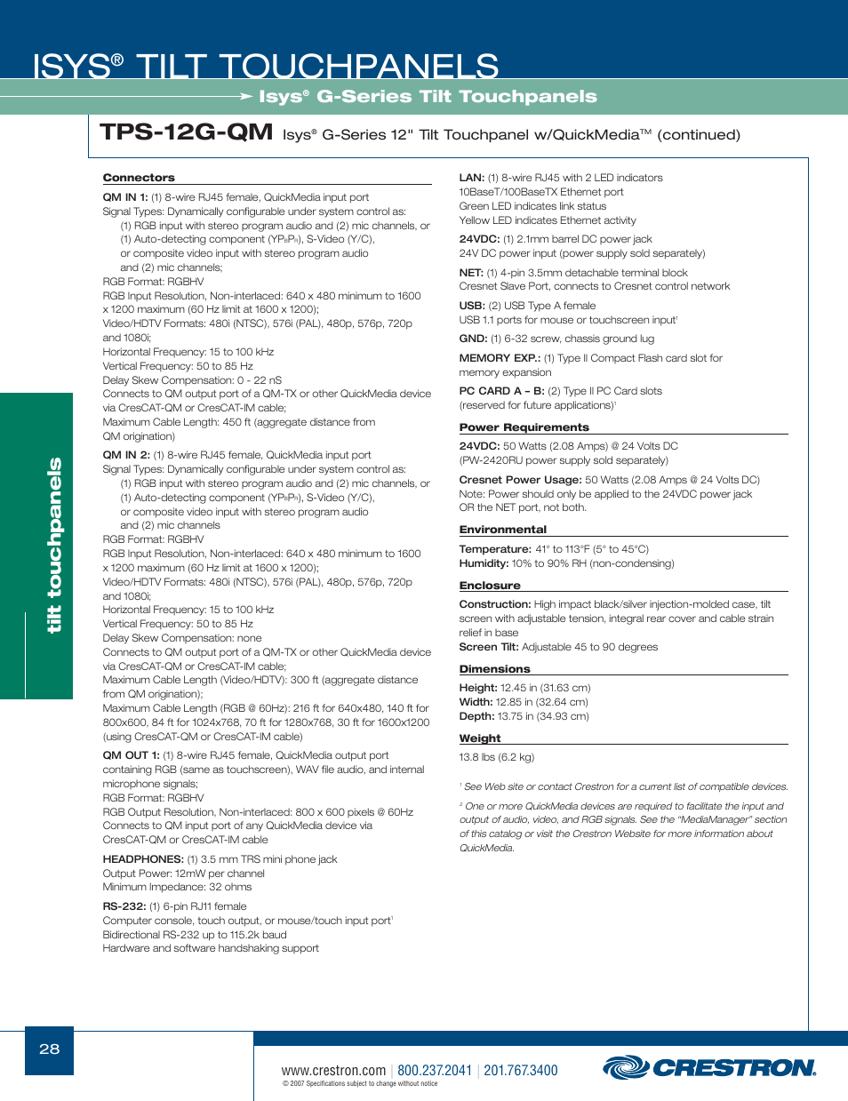 48399_028.pdf, Isys, Tilt touchpanels | Tps-12g-qm, G-series tilt touchpanels | Crestron electronic Isys TPS-17W User Manual | Page 28 / 58