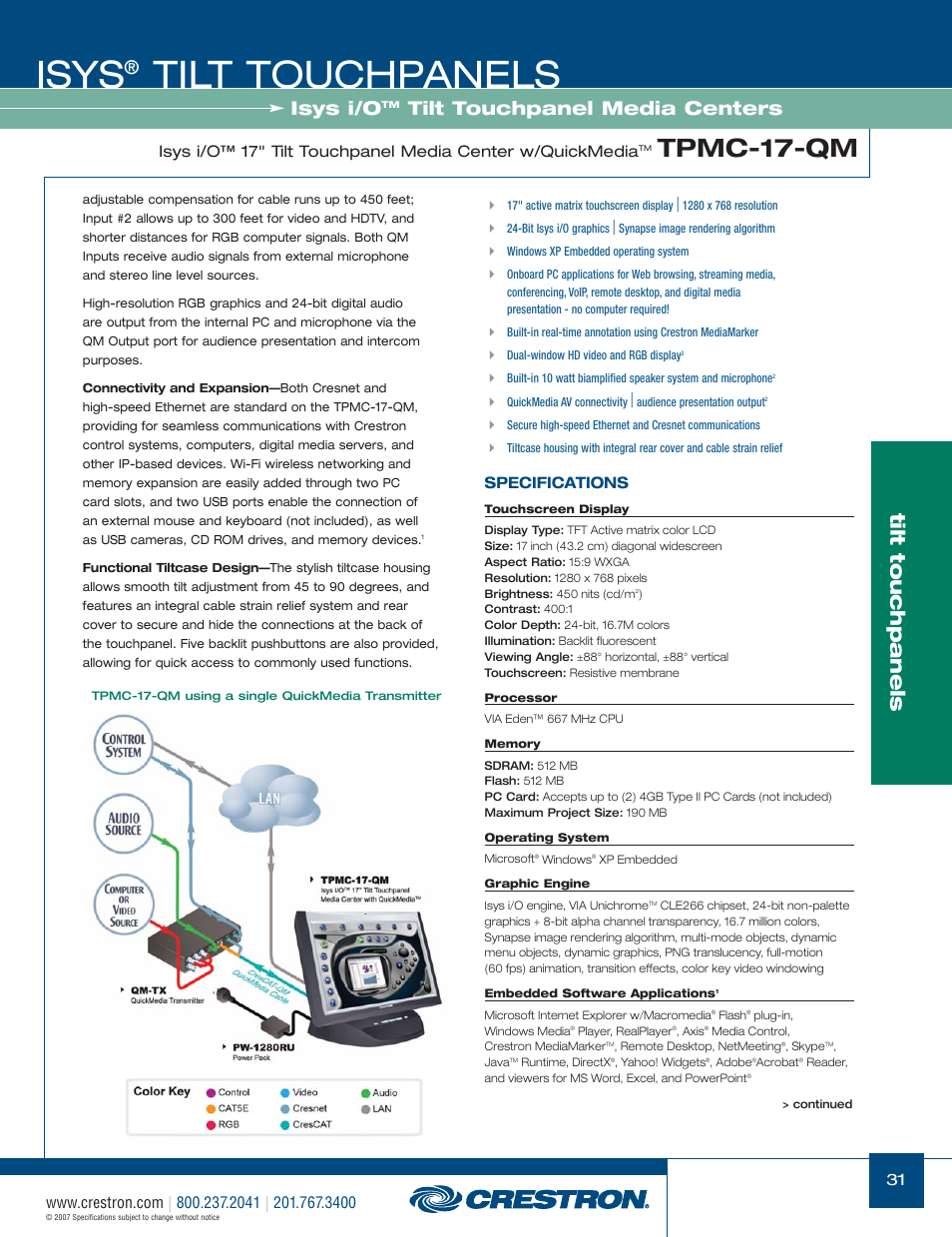 48399_031.pdf, Isys, Tilt touchpanels | Tpmc-17-qm, Isys i/o, Tilt touchpanel media centers, Specifications | Crestron electronic Isys TPS-17W User Manual | Page 31 / 58