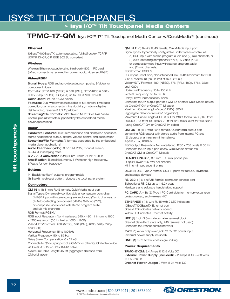 48399_032.pdf, Isys, Tilt touchpanels | Tpmc-17-qm, Isys i/o, Tilt touchpanel media centers | Crestron electronic Isys TPS-17W User Manual | Page 32 / 58