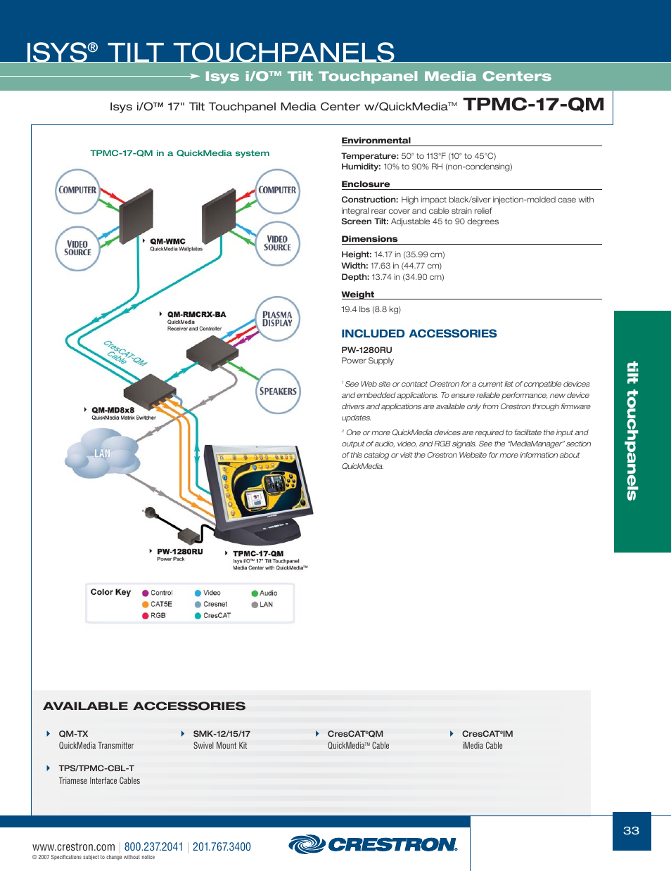 48399_033.pdf, Isys, Tilt touchpanels | Tpmc-17-qm, Isys i/o, Tilt touchpanel media centers | Crestron electronic Isys TPS-17W User Manual | Page 33 / 58