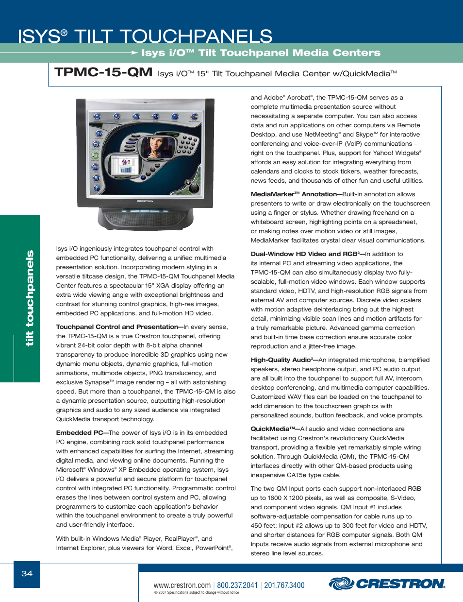 48399_034.pdf, Isys, Tilt touchpanels | Tpmc-15-qm, Isys i/o, Tilt touchpanel media centers | Crestron electronic Isys TPS-17W User Manual | Page 34 / 58