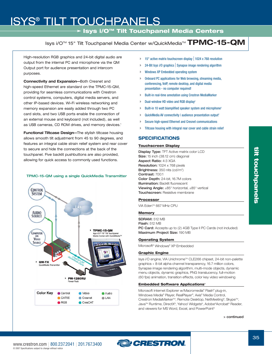 48399_035.pdf, Isys, Tilt touchpanels | Tpmc-15-qm, Tilt touchpanel media centers, Isys i/o, 15" tilt touchpanel media center w/quickmedia, Specifications | Crestron electronic Isys TPS-17W User Manual | Page 35 / 58