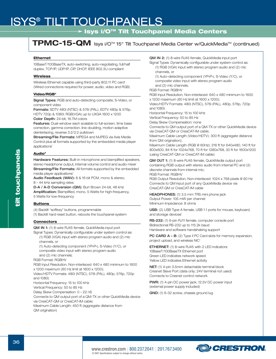 48399_036.pdf, Isys, Tilt touchpanels | Tpmc-15-qm, Isys i/o, Tilt touchpanel media centers | Crestron electronic Isys TPS-17W User Manual | Page 36 / 58