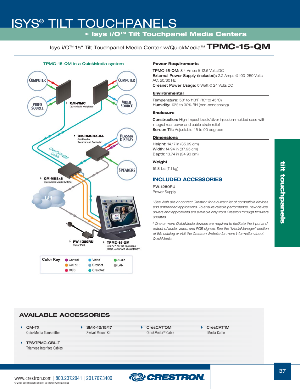48399_037.pdf, Isys, Tilt touchpanels | Tpmc-15-qm, Isys i/o, Tilt touchpanel media centers | Crestron electronic Isys TPS-17W User Manual | Page 37 / 58