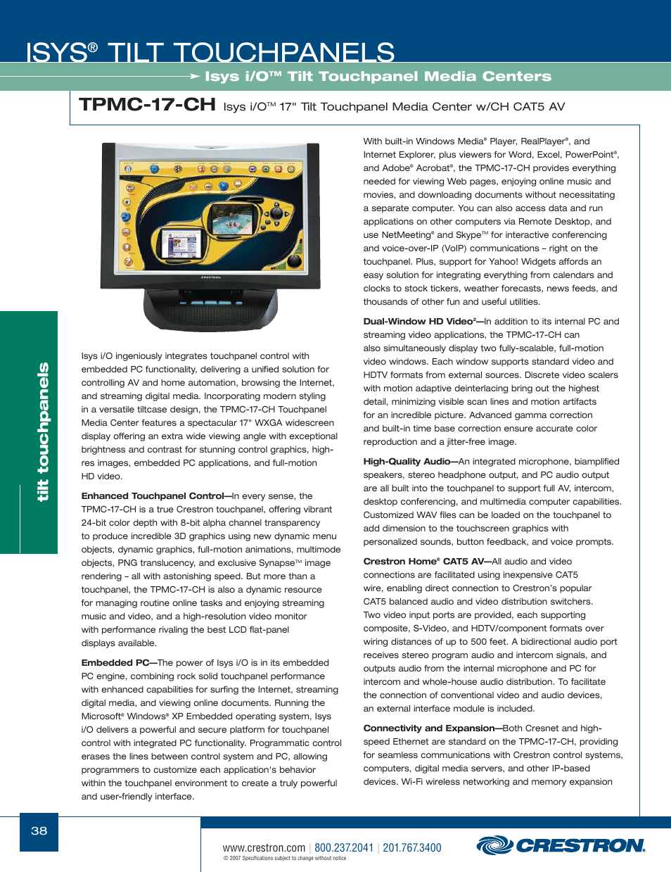 48399_038.pdf, Isys, Tilt touchpanels | Tpmc-17-ch, Isys i/o, Tilt touchpanel media centers | Crestron electronic Isys TPS-17W User Manual | Page 38 / 58