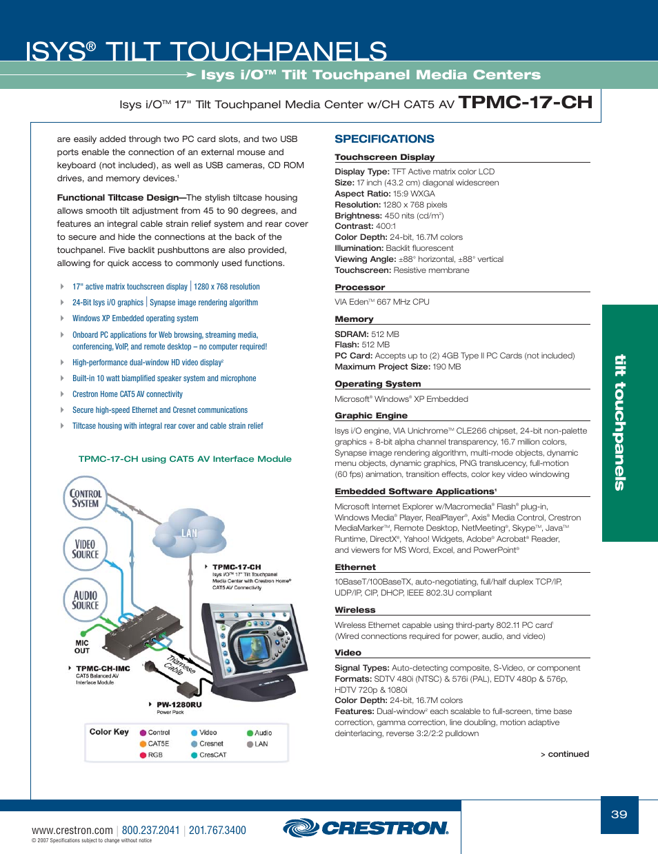 48399_039.pdf, Isys, Tilt touchpanels | Tpmc-17-ch, Tilt touchpanel media centers, Isys i/o, 17" tilt touchpanel media center w/ch cat5 av, Specifications | Crestron electronic Isys TPS-17W User Manual | Page 39 / 58